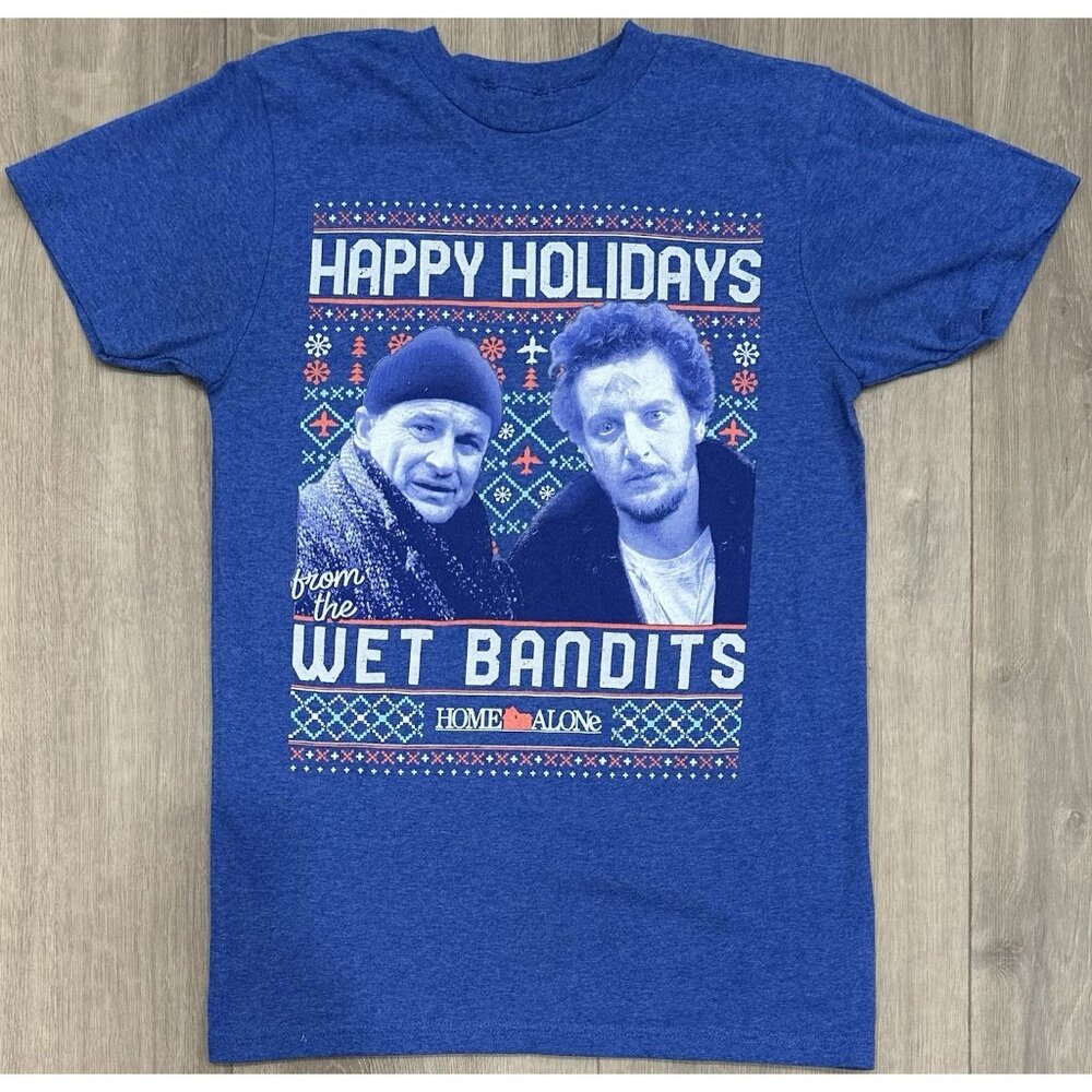 Home Alone Happy Holidays From The Wet Bandits Blue T-Shirt Size Small